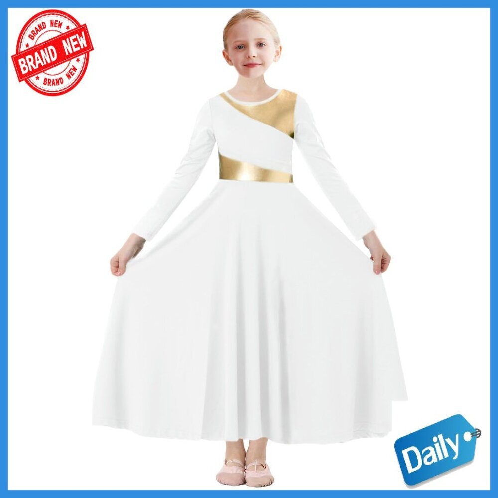 Girls Metallic Gold Liturgical Dance Dress Full Length Swing Robe